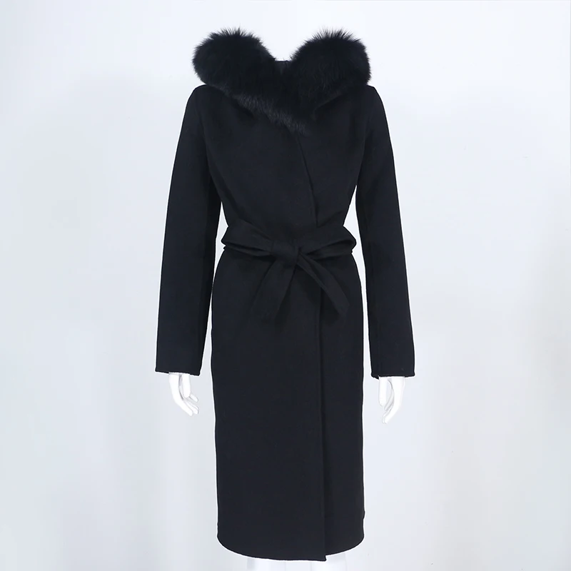 OFTBUY Real Fur Coat Winter Jacket Women Natural Fox Fur Collar Hooded Cashmere Wool Blends Long Outerwear Lady Streetwear