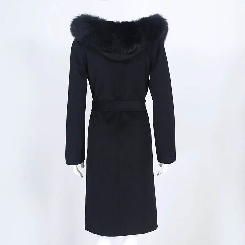 OFTBUY Real Fur Coat Winter Jacket Women Natural Fox Fur Collar Hooded Cashmere Wool Blends Long Outerwear Lady Streetwear
