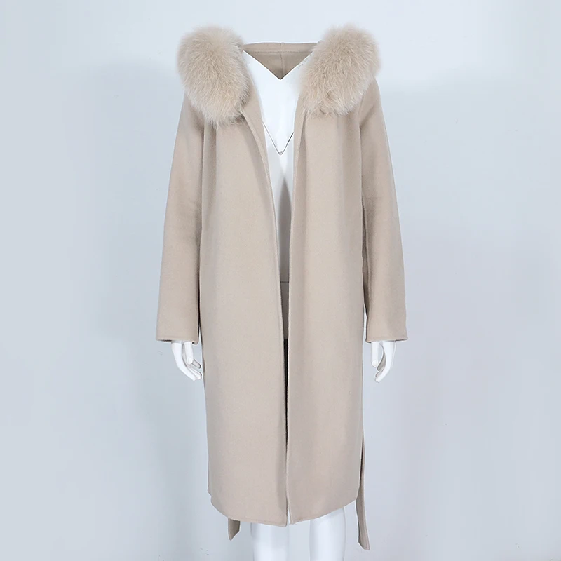 OFTBUY Real Fur Coat Winter Jacket Women Natural Fox Fur Collar Hooded Cashmere Wool Blends Long Outerwear Lady Streetwear