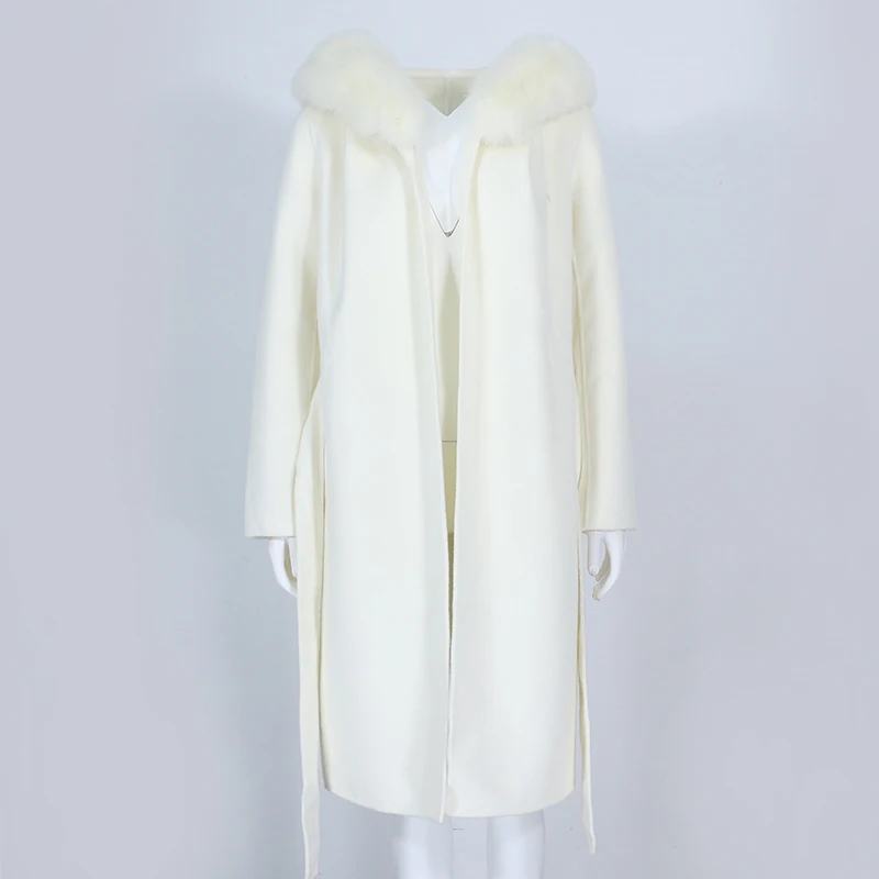 OFTBUY Real Fur Coat Winter Jacket Women Natural Fox Fur Collar Hooded Cashmere Wool Blends Long Outerwear Lady Streetwear