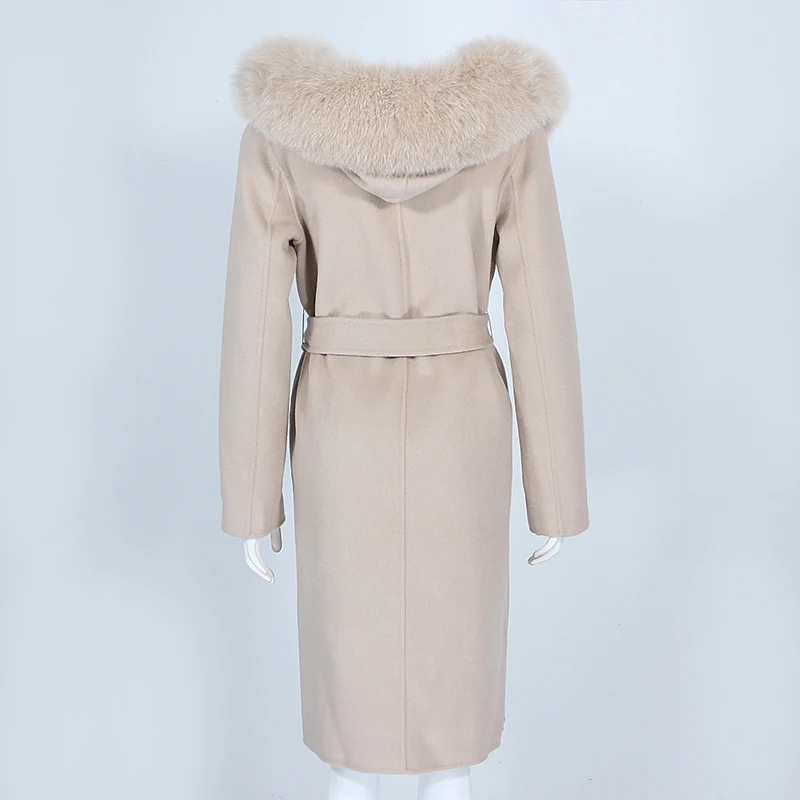 OFTBUY Real Fur Coat Winter Jacket Women Natural Fox Fur Collar Hooded Cashmere Wool Blends Long Outerwear Lady Streetwear