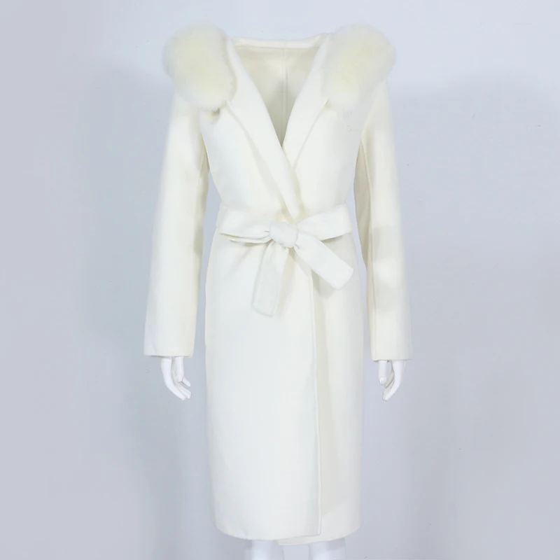OFTBUY Real Fur Coat Winter Jacket Women Natural Fox Fur Collar Hooded Cashmere Wool Blends Long Outerwear Lady Streetwear