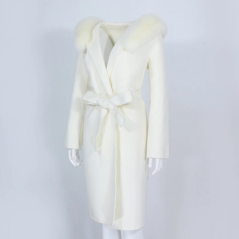 OFTBUY Real Fur Coat Winter Jacket Women Natural Fox Fur Collar Hooded Cashmere Wool Blends Long Outerwear Lady Streetwear