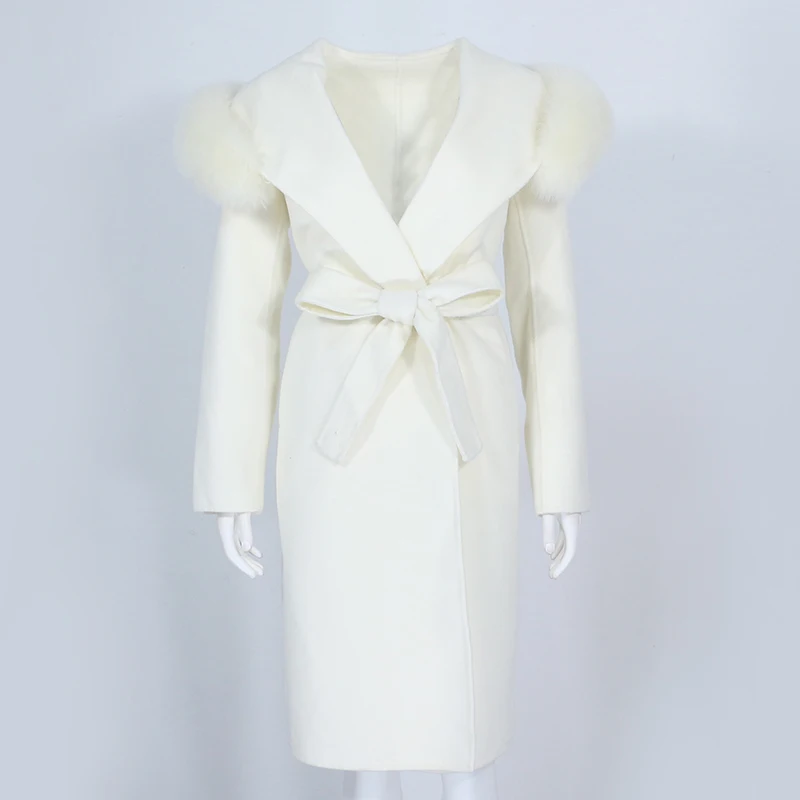 OFTBUY Real Fur Coat Winter Jacket Women Natural Fox Fur Collar Hooded Cashmere Wool Blends Long Outerwear Lady Streetwear