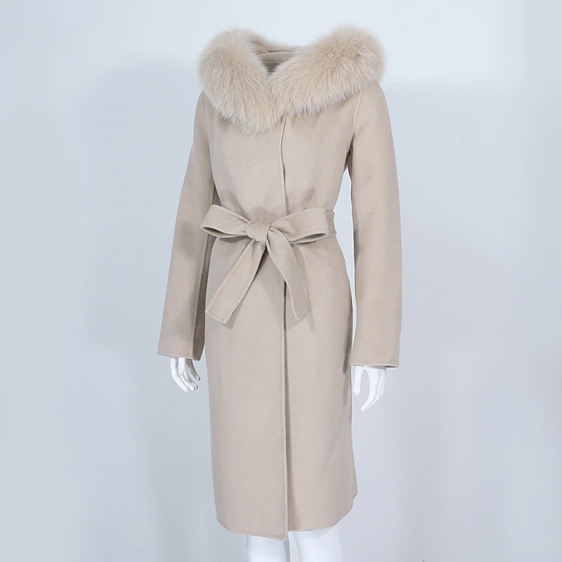 OFTBUY Real Fur Coat Winter Jacket Women Natural Fox Fur Collar Hooded Cashmere Wool Blends Long Outerwear Lady Streetwear