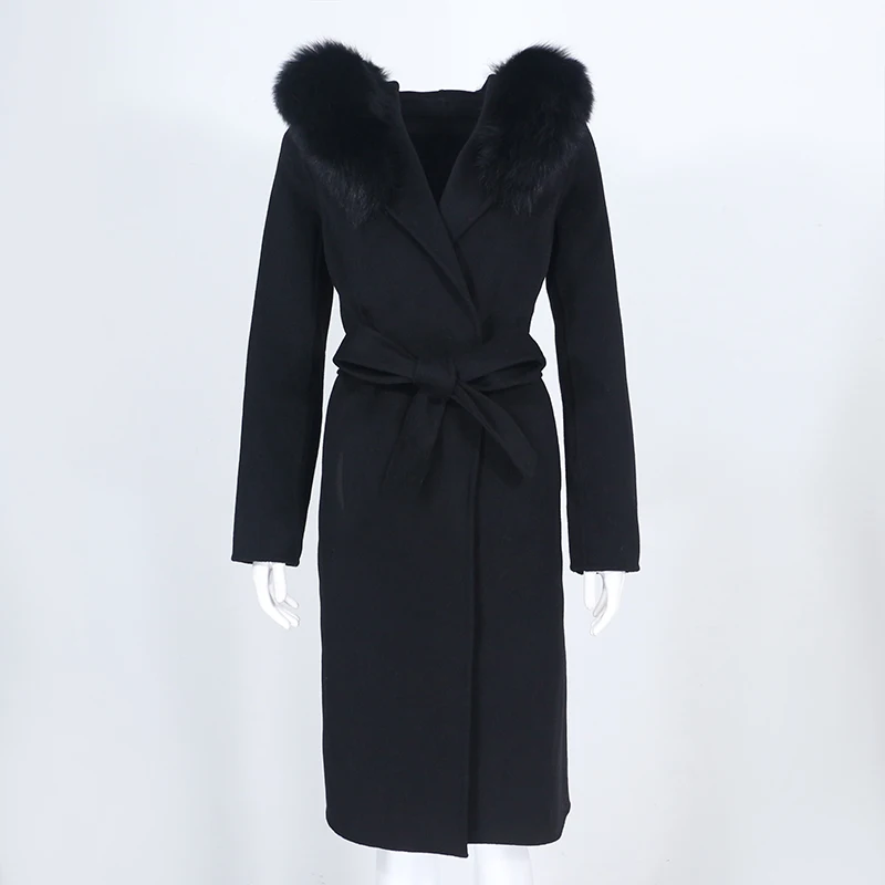 OFTBUY Real Fur Coat Winter Jacket Women Natural Fox Fur Collar Hooded Cashmere Wool Blends Long Outerwear Lady Streetwear