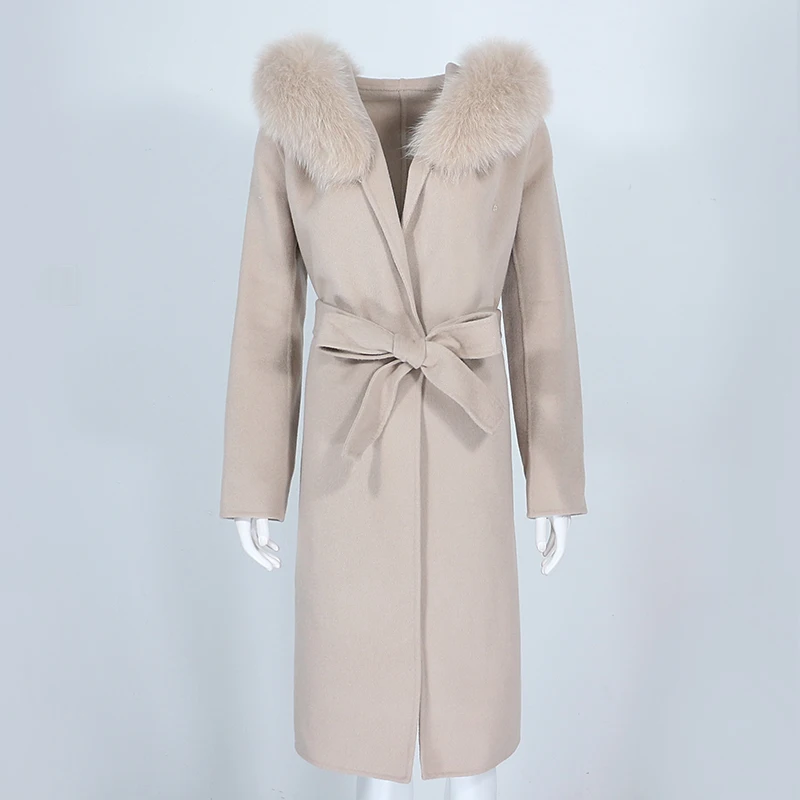 OFTBUY Real Fur Coat Winter Jacket Women Natural Fox Fur Collar Hooded Cashmere Wool Blends Long Outerwear Lady Streetwear