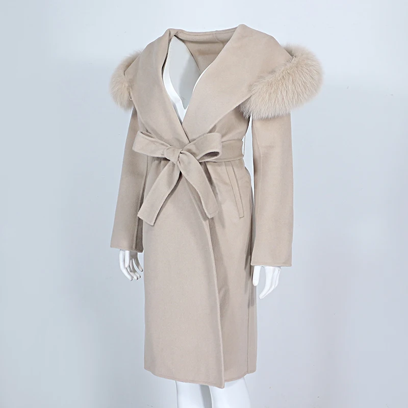 OFTBUY Real Fur Coat Winter Jacket Women Natural Fox Fur Collar Hooded Cashmere Wool Blends Long Outerwear Lady Streetwear