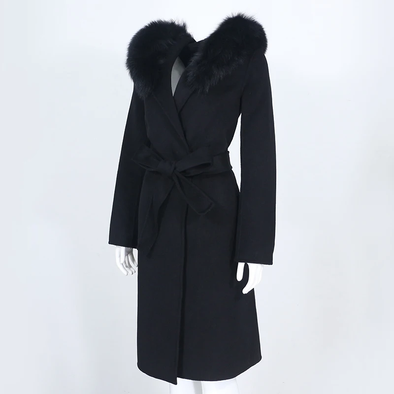 OFTBUY Real Fur Coat Winter Jacket Women Natural Fox Fur Collar Hooded Cashmere Wool Blends Long Outerwear Lady Streetwear