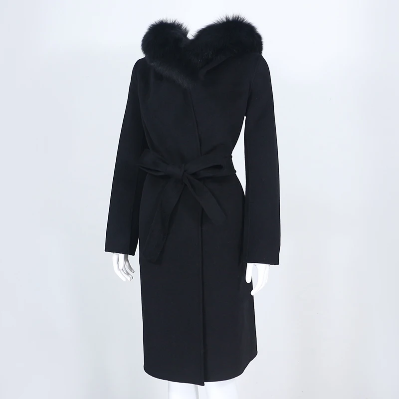 OFTBUY Real Fur Coat Winter Jacket Women Natural Fox Fur Collar Hooded Cashmere Wool Blends Long Outerwear Lady Streetwear