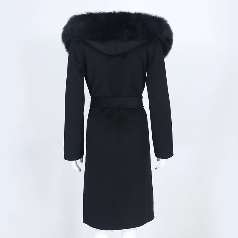OFTBUY Real Fur Coat Winter Jacket Women Natural Fox Fur Collar Hooded Cashmere Wool Blends Long Outerwear Lady Streetwear