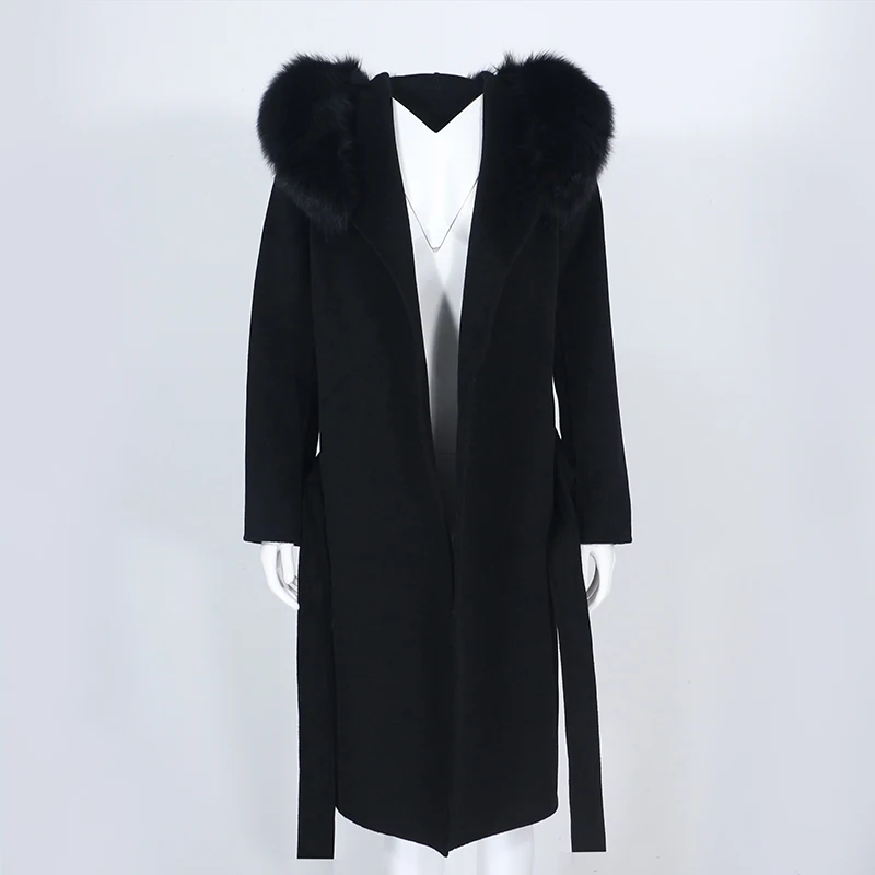 OFTBUY Real Fur Coat Winter Jacket Women Natural Fox Fur Collar Hooded Cashmere Wool Blends Long Outerwear Lady Streetwear