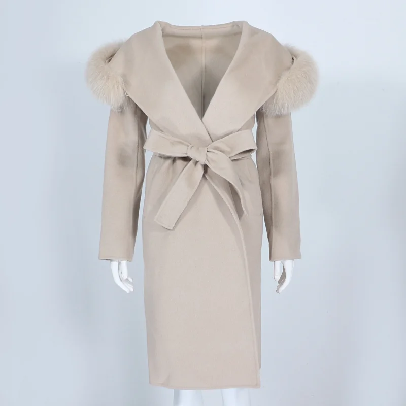 OFTBUY Real Fur Coat Winter Jacket Women Natural Fox Fur Collar Hooded Cashmere Wool Blends Long Outerwear Lady Streetwear