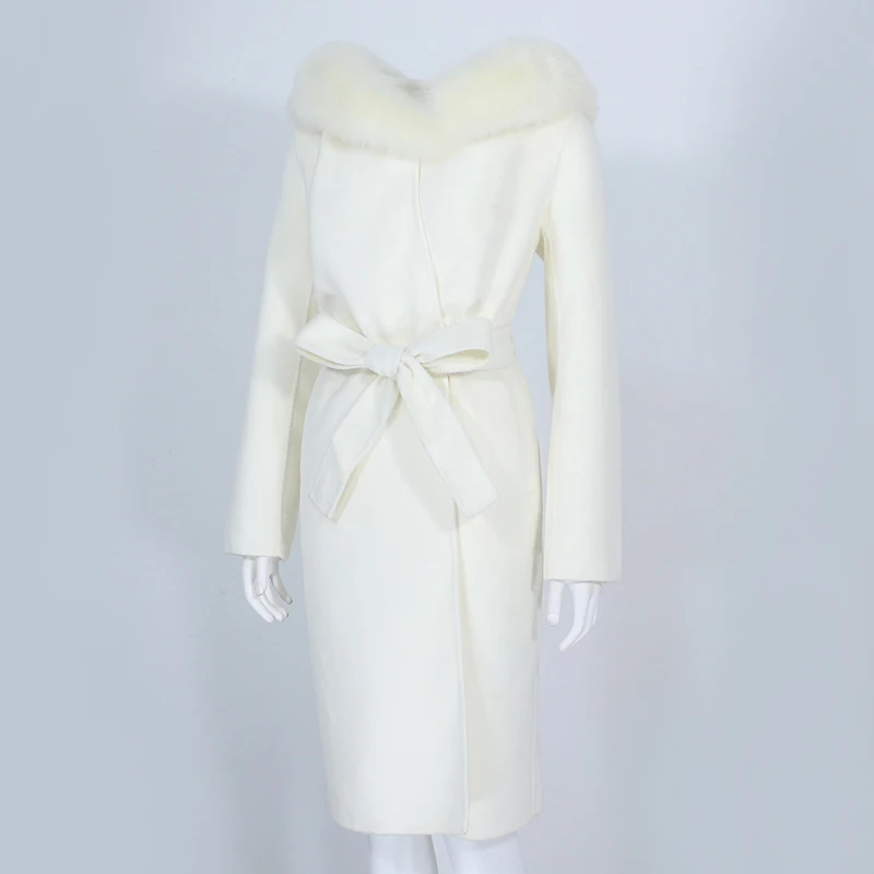 OFTBUY Real Fur Coat Winter Jacket Women Natural Fox Fur Collar Hooded Cashmere Wool Blends Long Outerwear Lady Streetwear