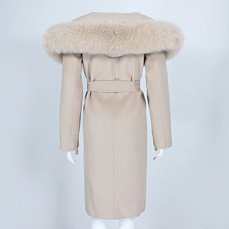 OFTBUY Real Fur Coat Winter Jacket Women Natural Fox Fur Collar Hooded Cashmere Wool Blends Long Outerwear Lady Streetwear