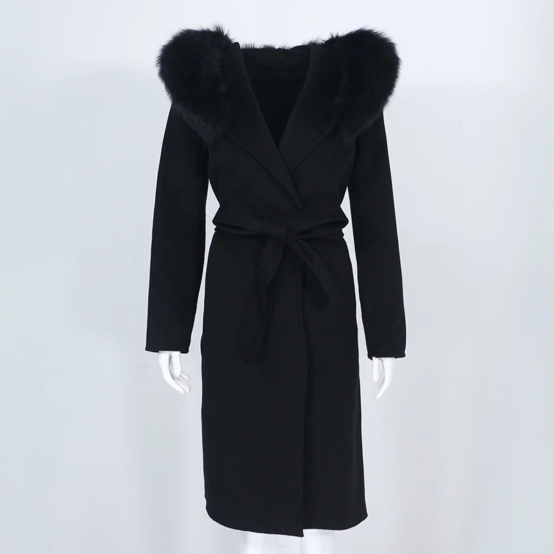 OFTBUY Real Fur Coat Winter Jacket Women Natural Fox Fur Collar Hooded Cashmere Wool Blends Long Outerwear Lady Streetwear