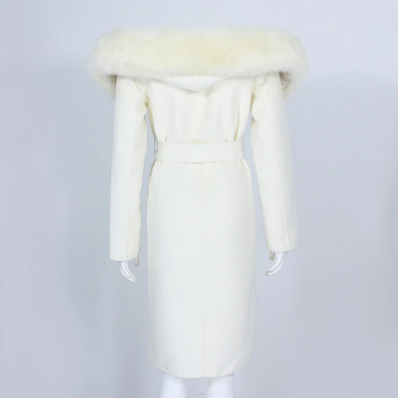 OFTBUY Real Fur Coat Winter Jacket Women Natural Fox Fur Collar Hooded Cashmere Wool Blends Long Outerwear Lady Streetwear