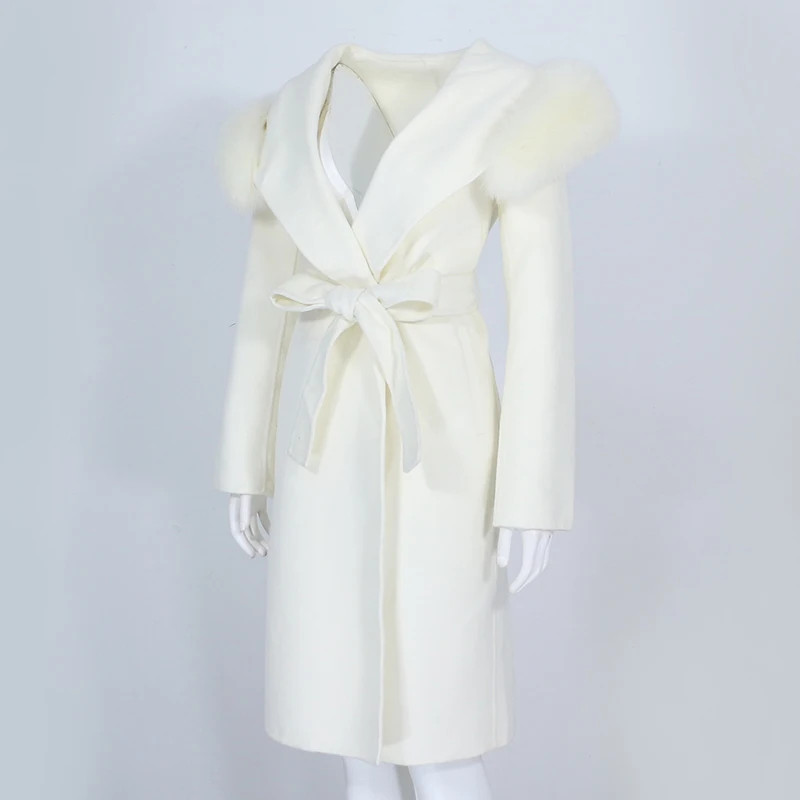 OFTBUY Real Fur Coat Winter Jacket Women Natural Fox Fur Collar Hooded Cashmere Wool Blends Long Outerwear Lady Streetwear