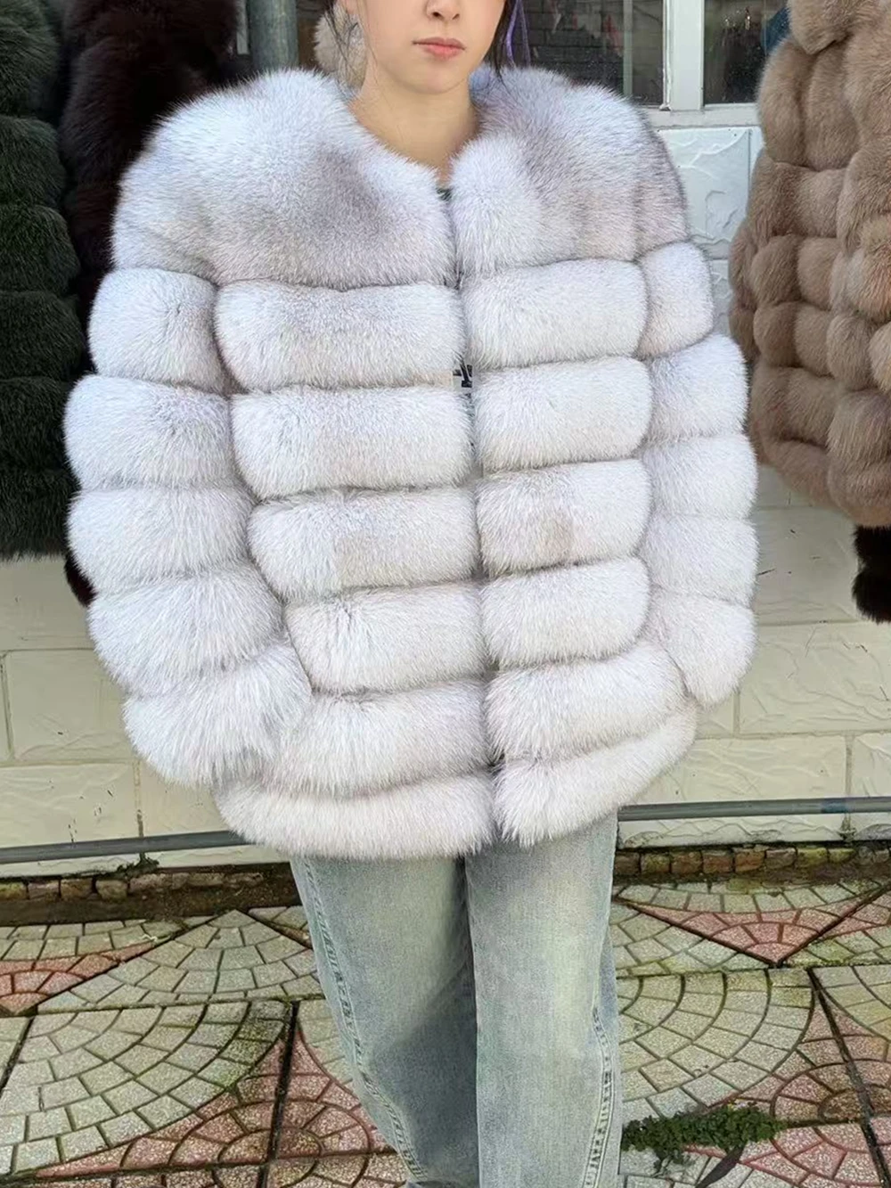 QUEENTINA Fox Fur 70cm Coat Real Winter Women'S New Fashion Furry 2025 Leather And Skin White Natural New In Coats & Jackets
