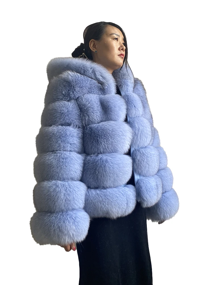 Luxury Real Fox Fur Coat Women Winter Thick Warm Hooded Fox FurJacket Short Bubble Real Fur Coats Outerwear Genuine Fur