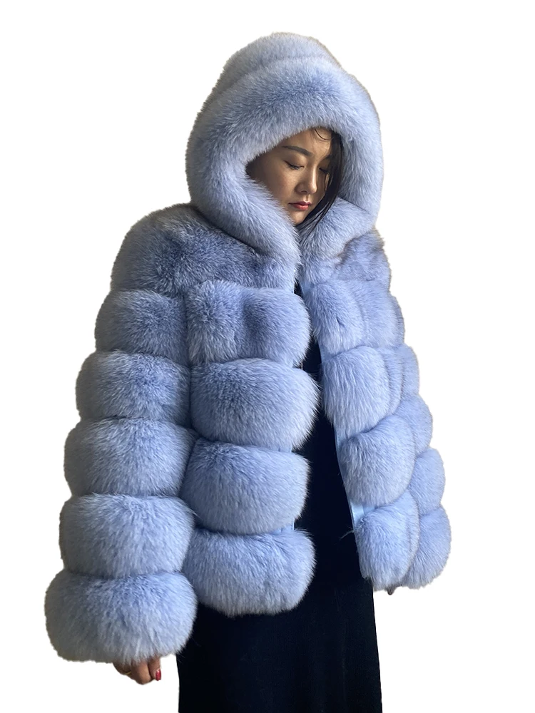 Luxury Real Fox Fur Coat Women Winter Thick Warm Hooded Fox FurJacket Short Bubble Real Fur Coats Outerwear Genuine Fur
