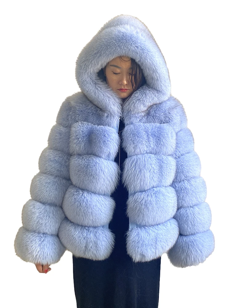 Luxury Real Fox Fur Coat Women Winter Thick Warm Hooded Fox FurJacket Short Bubble Real Fur Coats Outerwear Genuine Fur
