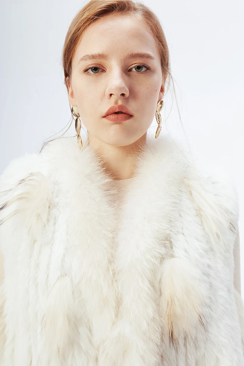 Women's Real Rabbit Fur Vest Knit Natural Leather Tassel Waistcoat Raccoon Fur Collar Winter Knitted Jacket Coat Wholesale