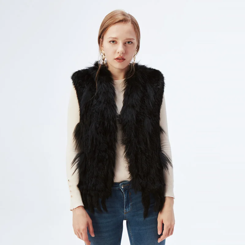 Women's Real Rabbit Fur Vest Knit Natural Leather Tassel Waistcoat Raccoon Fur Collar Winter Knitted Jacket Coat Wholesale