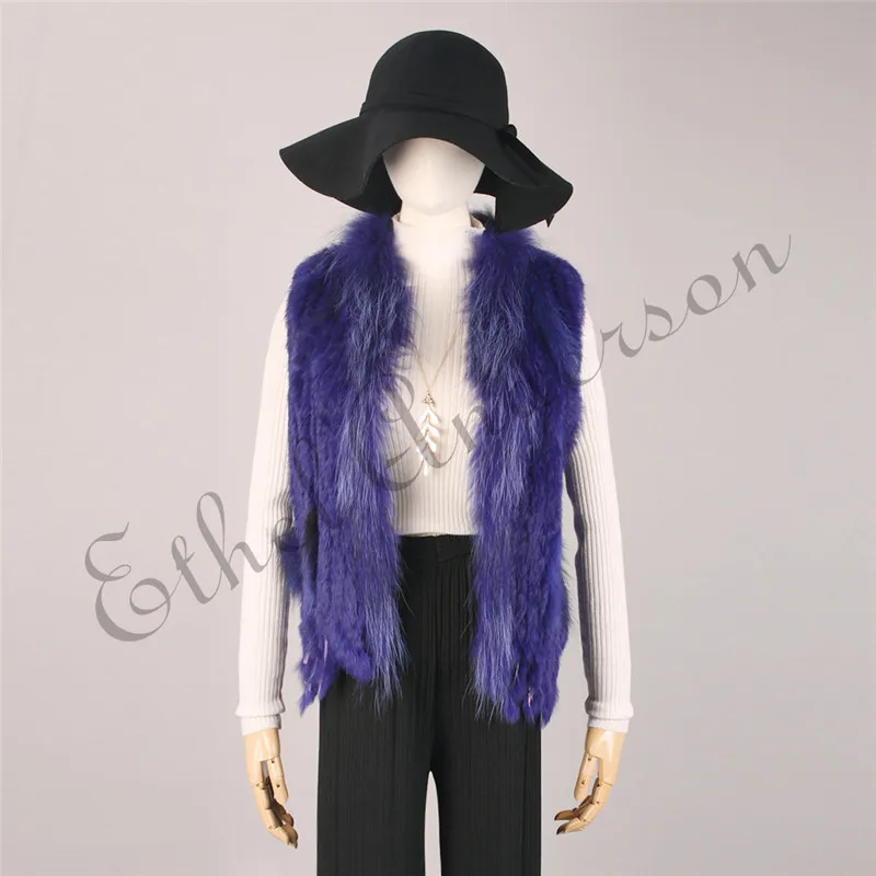 Women's Real Rabbit Fur Vest Knit Natural Leather Tassel Waistcoat Raccoon Fur Collar Winter Knitted Jacket Coat Wholesale