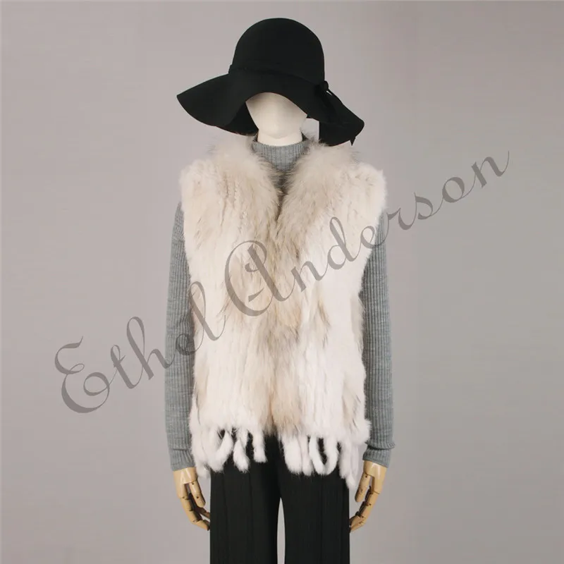 Women's Real Rabbit Fur Vest Knit Natural Leather Tassel Waistcoat Raccoon Fur Collar Winter Knitted Jacket Coat Wholesale