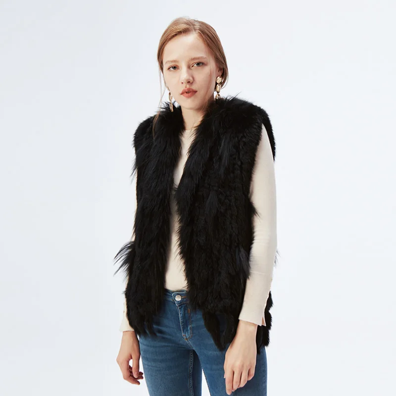 Women's Real Rabbit Fur Vest Knit Natural Leather Tassel Waistcoat Raccoon Fur Collar Winter Knitted Jacket Coat Wholesale