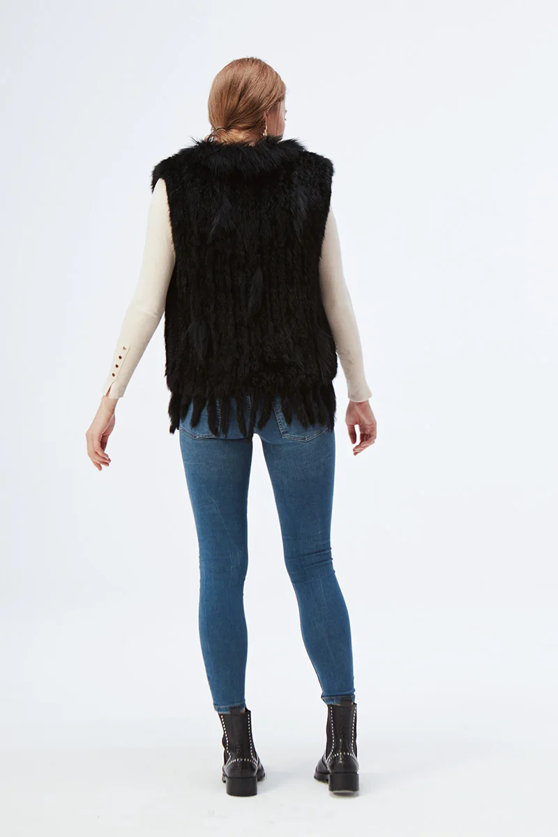 Women's Real Rabbit Fur Vest Knit Natural Leather Tassel Waistcoat Raccoon Fur Collar Winter Knitted Jacket Coat Wholesale
