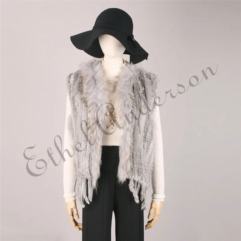 Women's Real Rabbit Fur Vest Knit Natural Leather Tassel Waistcoat Raccoon Fur Collar Winter Knitted Jacket Coat Wholesale