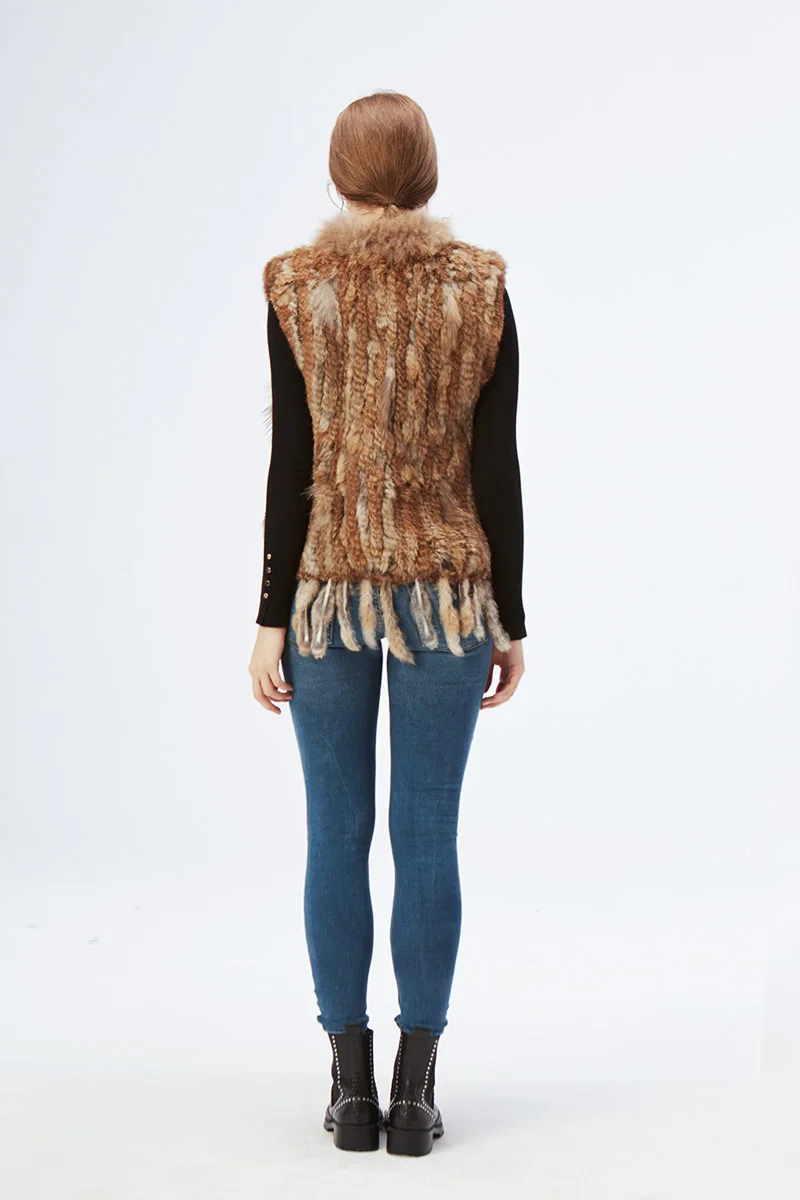 Women's Real Rabbit Fur Vest Knit Natural Leather Tassel Waistcoat Raccoon Fur Collar Winter Knitted Jacket Coat Wholesale