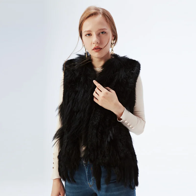Women's Real Rabbit Fur Vest Knit Natural Leather Tassel Waistcoat Raccoon Fur Collar Winter Knitted Jacket Coat Wholesale