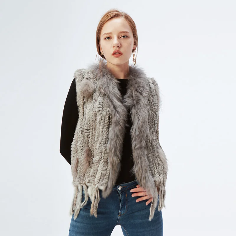 Women's Real Rabbit Fur Vest Knit Natural Leather Tassel Waistcoat Raccoon Fur Collar Winter Knitted Jacket Coat Wholesale