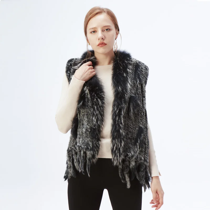 Women's Real Rabbit Fur Vest Knit Natural Leather Tassel Waistcoat Raccoon Fur Collar Winter Knitted Jacket Coat Wholesale