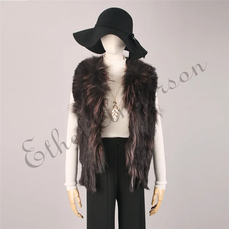 Women's Real Rabbit Fur Vest Knit Natural Leather Tassel Waistcoat Raccoon Fur Collar Winter Knitted Jacket Coat Wholesale