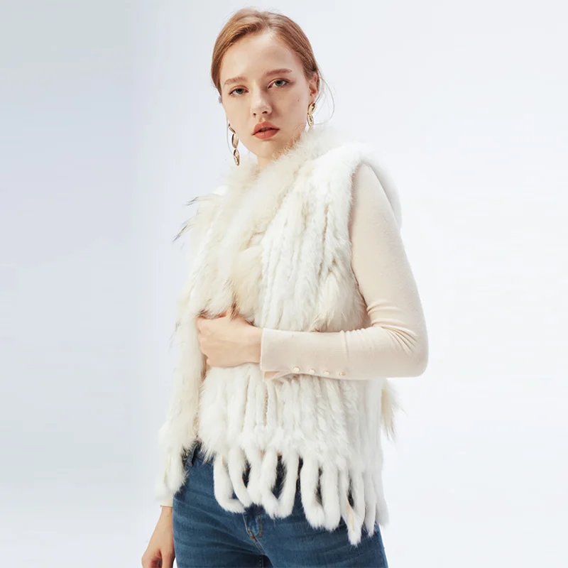 Women's Real Rabbit Fur Vest Knit Natural Leather Tassel Waistcoat Raccoon Fur Collar Winter Knitted Jacket Coat Wholesale