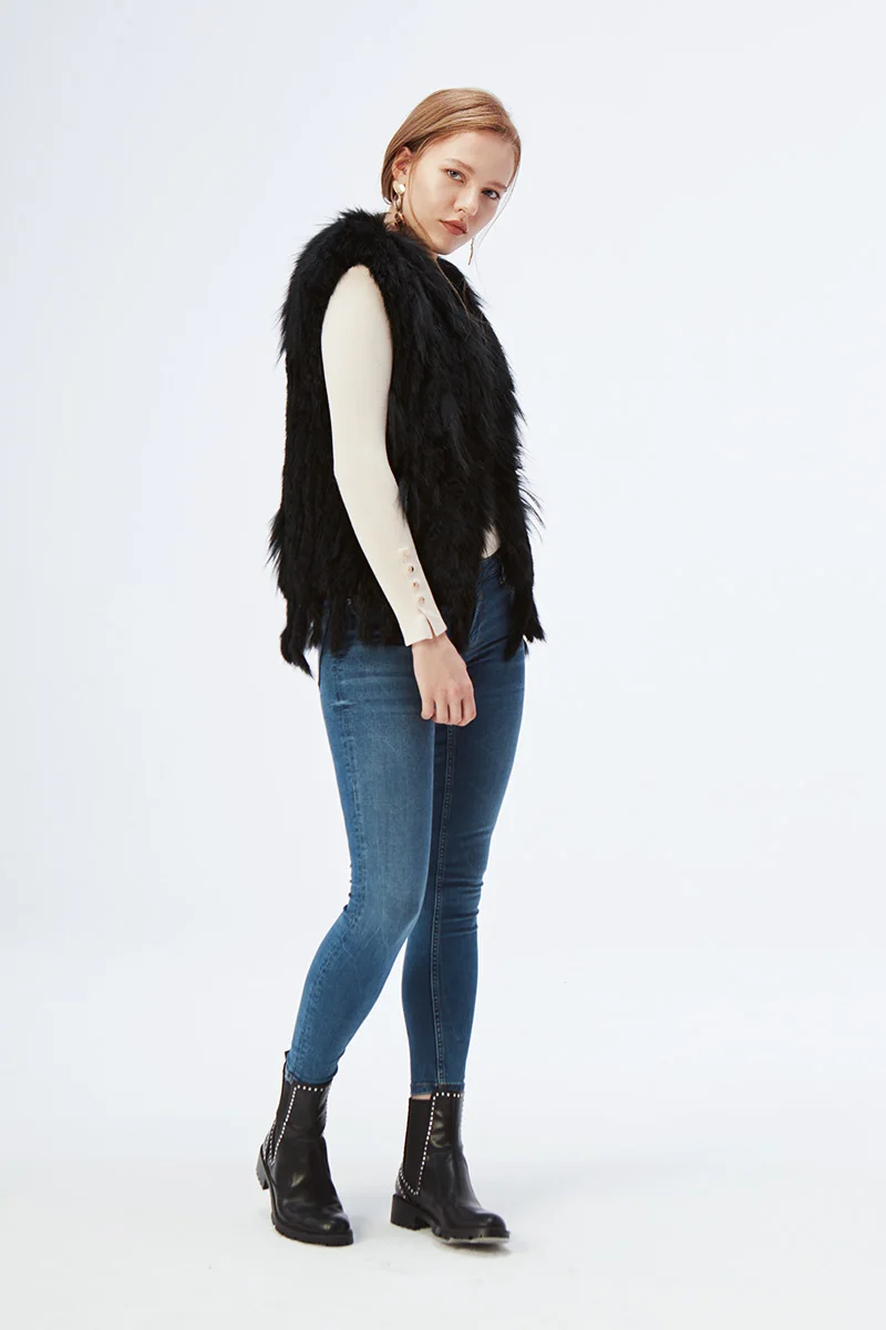 Women's Real Rabbit Fur Vest Knit Natural Leather Tassel Waistcoat Raccoon Fur Collar Winter Knitted Jacket Coat Wholesale