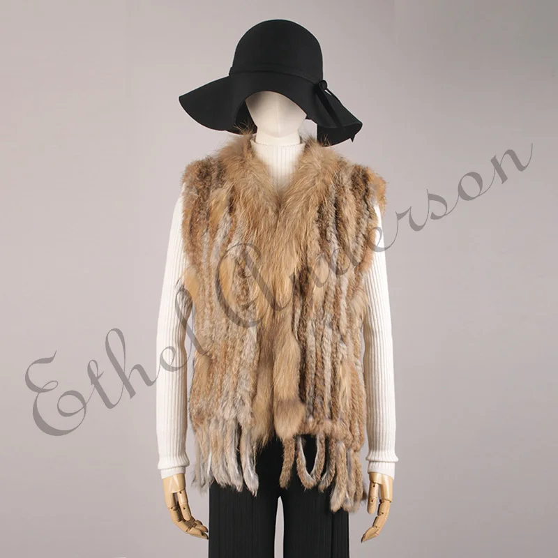 Women's Real Rabbit Fur Vest Knit Natural Leather Tassel Waistcoat Raccoon Fur Collar Winter Knitted Jacket Coat Wholesale