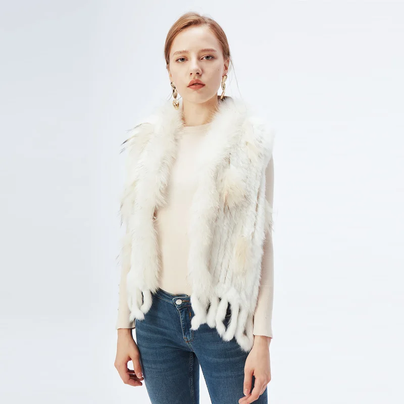 Women's Real Rabbit Fur Vest Knit Natural Leather Tassel Waistcoat Raccoon Fur Collar Winter Knitted Jacket Coat Wholesale