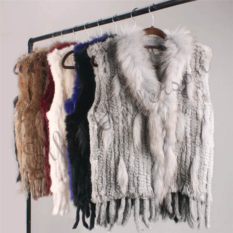 Women's Real Rabbit Fur Vest Knit Natural Leather Tassel Waistcoat Raccoon Fur Collar Winter Knitted Jacket Coat Wholesale