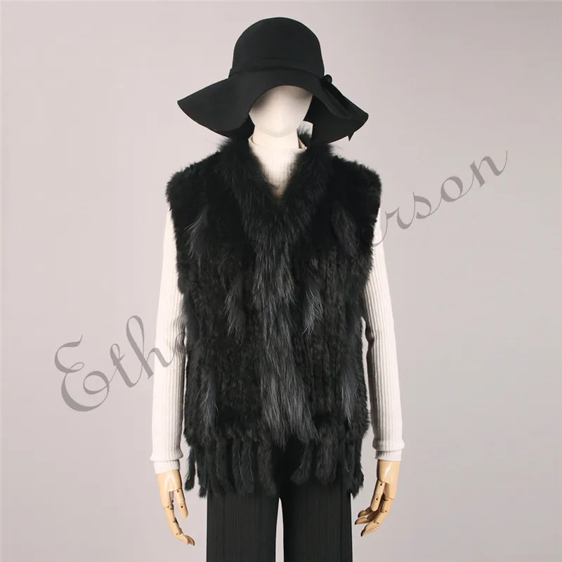 Women's Real Rabbit Fur Vest Knit Natural Leather Tassel Waistcoat Raccoon Fur Collar Winter Knitted Jacket Coat Wholesale