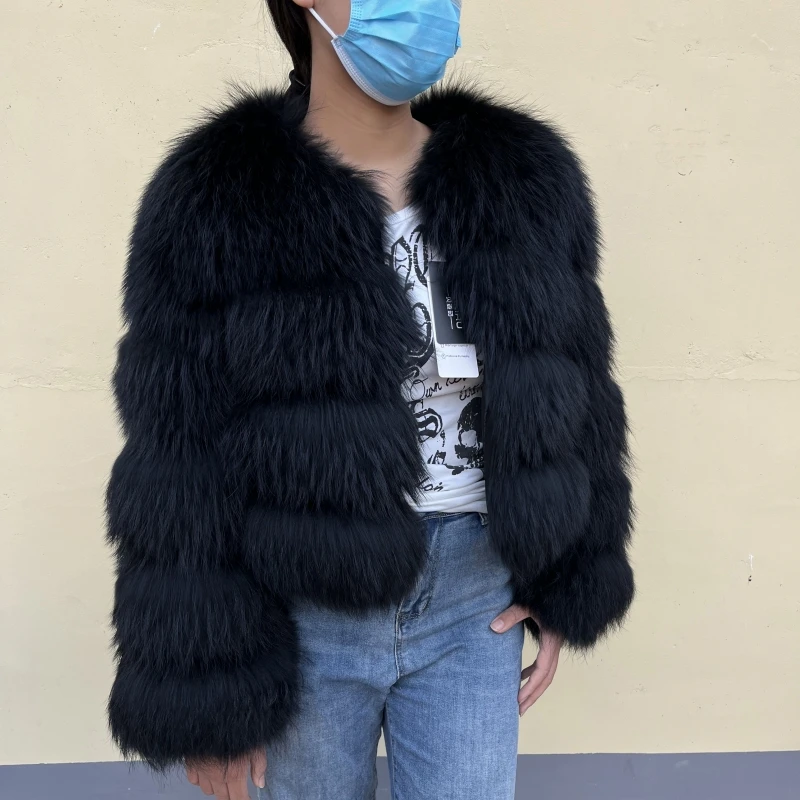 BBEIZIRU Women's Real Raccoon Fur Coat Winter Long Sleeve Natural Luxury Thick Warm Jacket for Fashionable Cold Weather