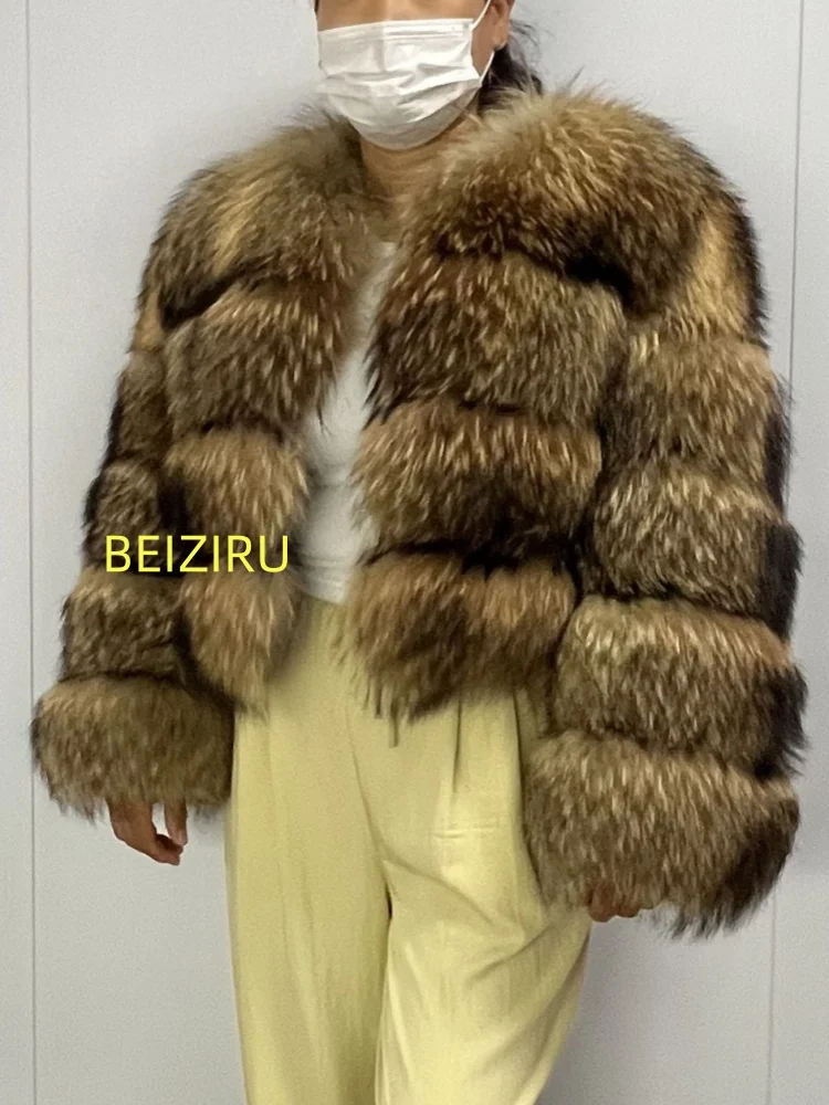 BBEIZIRU Women's Real Raccoon Fur Coat Winter Long Sleeve Natural Luxury Thick Warm Jacket for Fashionable Cold Weather