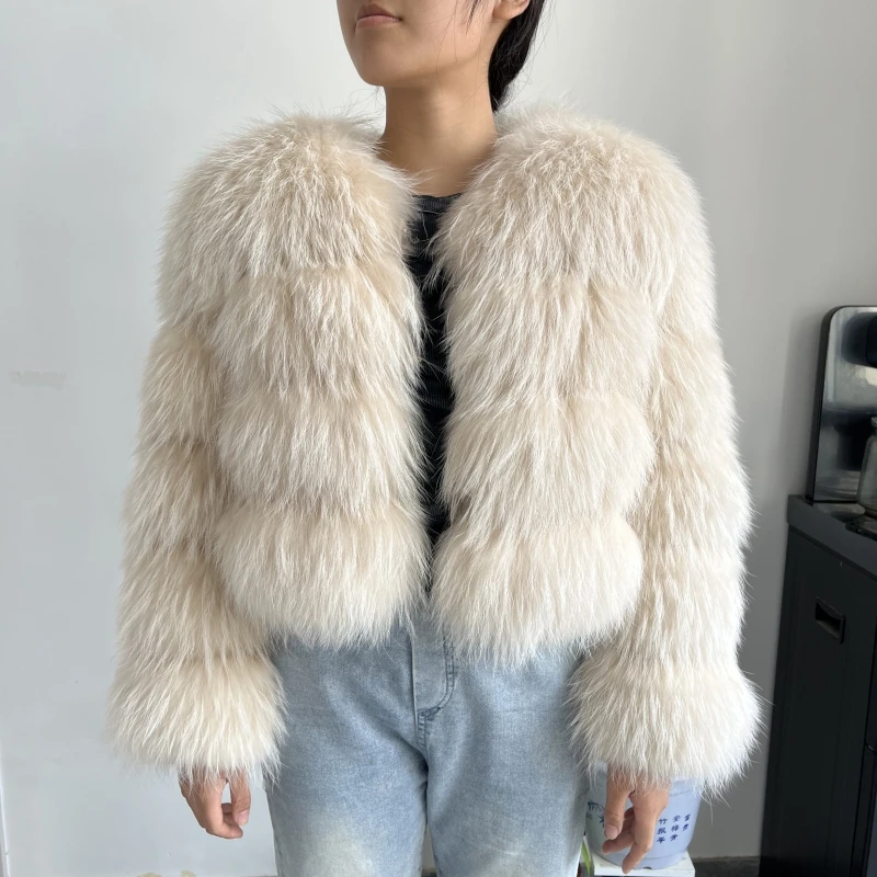 BBEIZIRU Women's Real Raccoon Fur Coat Winter Long Sleeve Natural Luxury Thick Warm Jacket for Fashionable Cold Weather