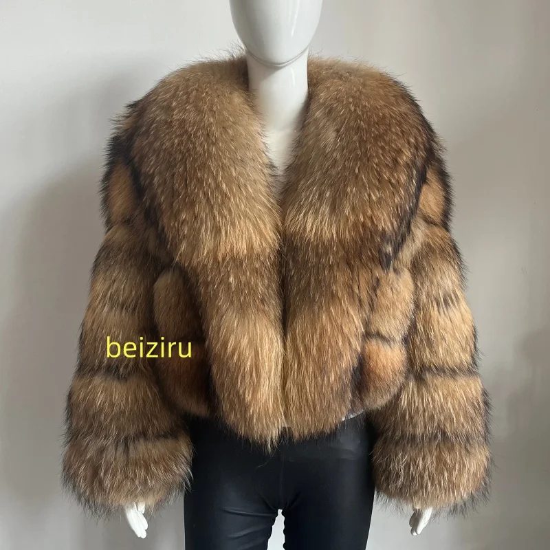 BEIZIRU Women's Real Raccoon Fur Coat with Big Turn-down Collar Winter Long Sleeve Natural Luxury Fashion Outerwear