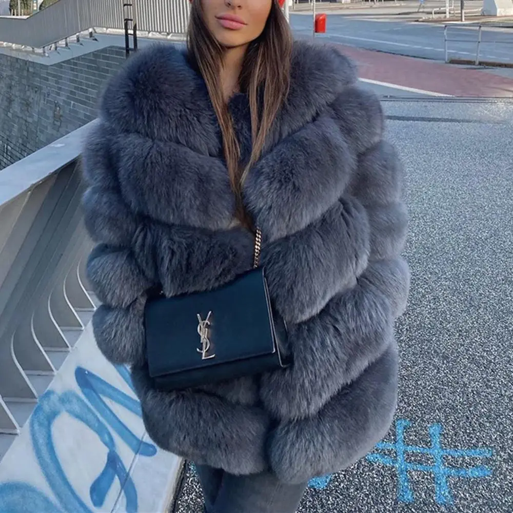 QUEENTINA Natural Fox Fur Coats Fashion New Women's Very Warm And Stylish Jacket Vest Stand Collar Leather Coat Women Winter