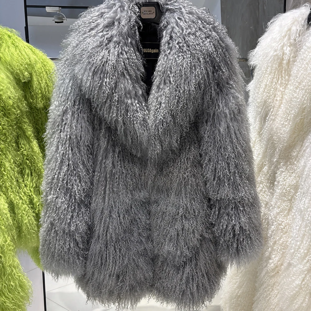 YOLOAgain White Mongolia Sheep Fur Jacket Women 2025 Winter Real Fur Jacket Coat